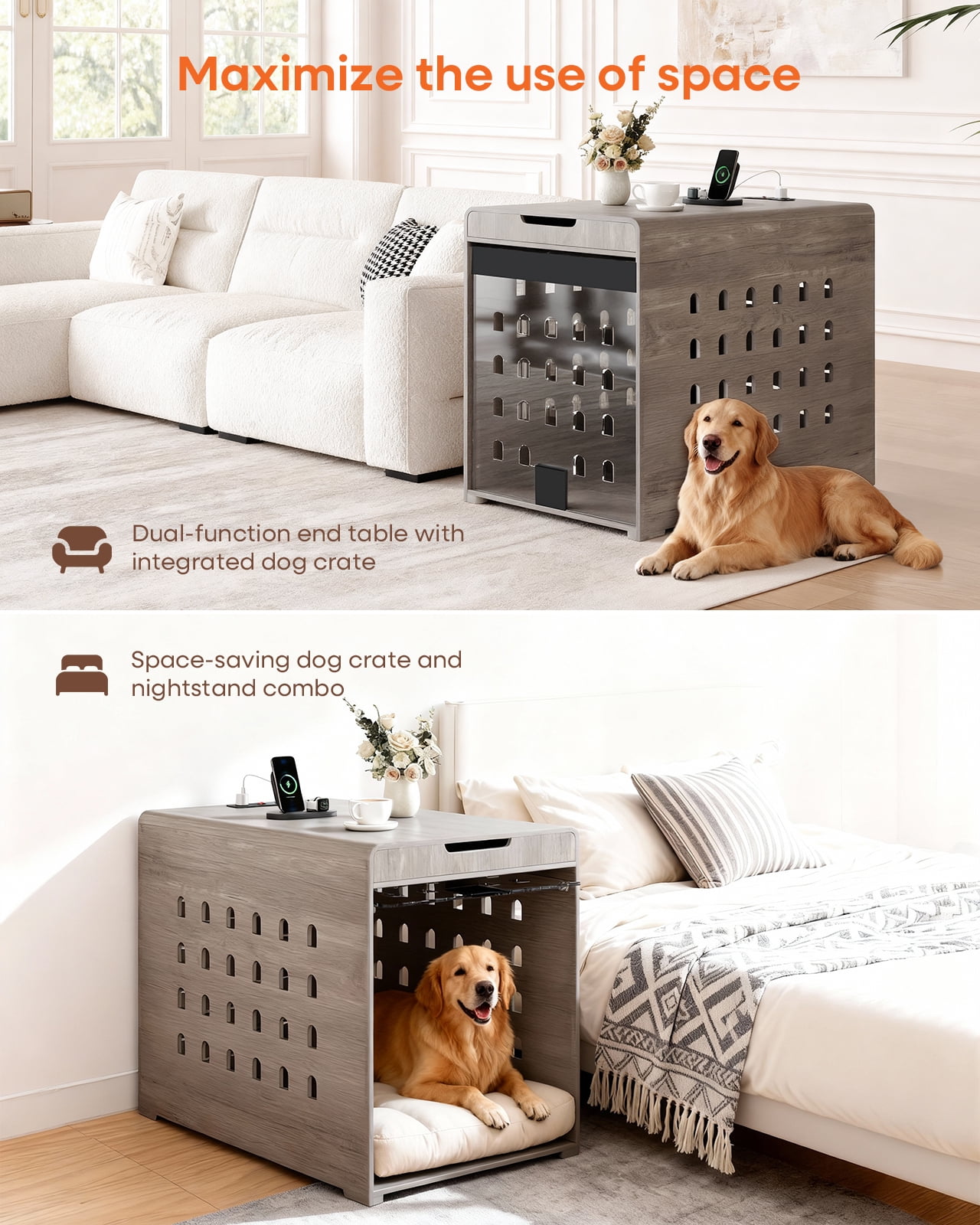 Furnibear Modern Dog Crate Furniture with Charging Station, Multifunctional Side End Table Indoor Kennel with Hidden Door for Small and Medium Dogs Breeds up to 55lb,Gray