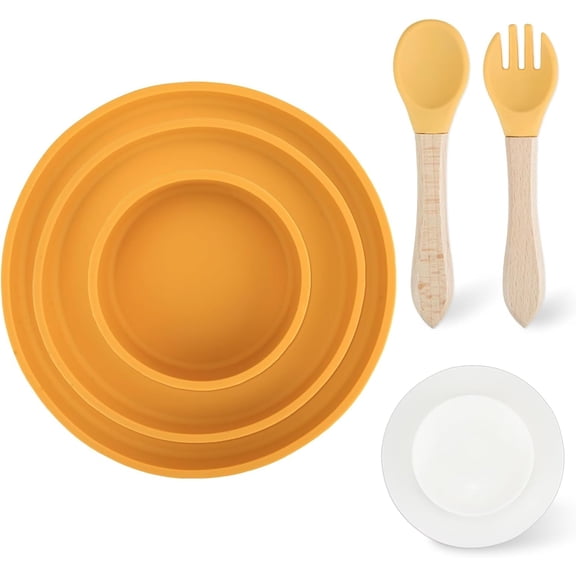 3 Pcs Divided Silicone Bowls with Suction, Removable Cutlery Plates and Bowls, Deeper Dishes Stick & Stay BPA Free (Yellow)