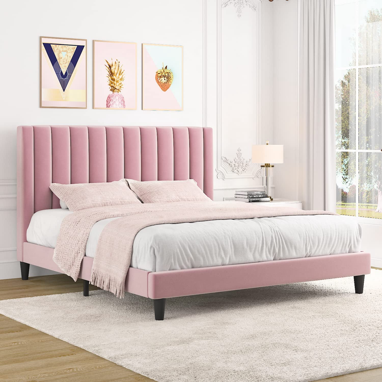 Allewie King Size Velvet Upholstered Bed Frame with Vertical Channel ...