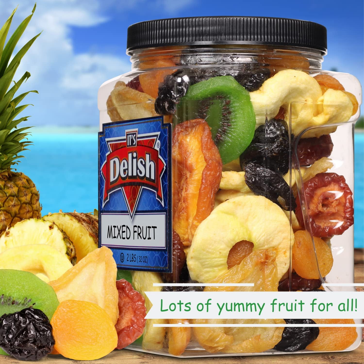 Dried Mixed Fruit with Prunes by It's Delish, 2 lbs 32 Oz Jumbo Container  Snack Mix of Prunes, Apricots, Plums, Apple Rings, Nectarines, Peaches, Pears, Kiwi Slices