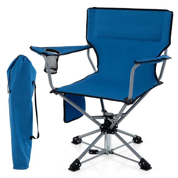 Patiojoy 360�� Swivel Hunting Seat Folding Swivel Blind Chair w/ Cup Holder & Storage Pocket Storage Bag Non-slip Foot Pads Outdoor Ground Hunting Chair Blue