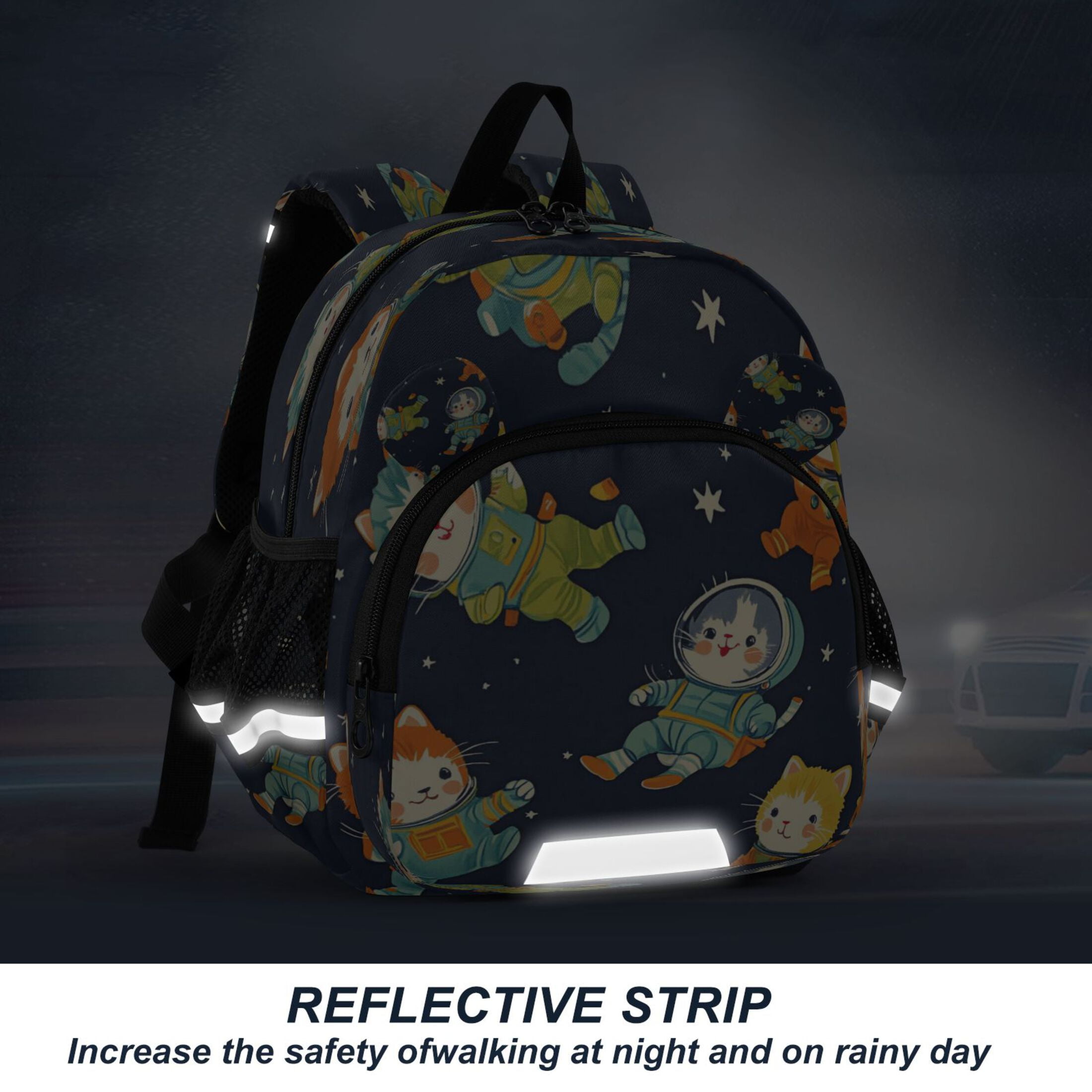 RMDQTR Adorable Ear-Print Backpack with Reflective Strip and Anti-Lost Leash Adjustable Shoulder Straps Mini Travel Backpack Cartoon Cats in Space