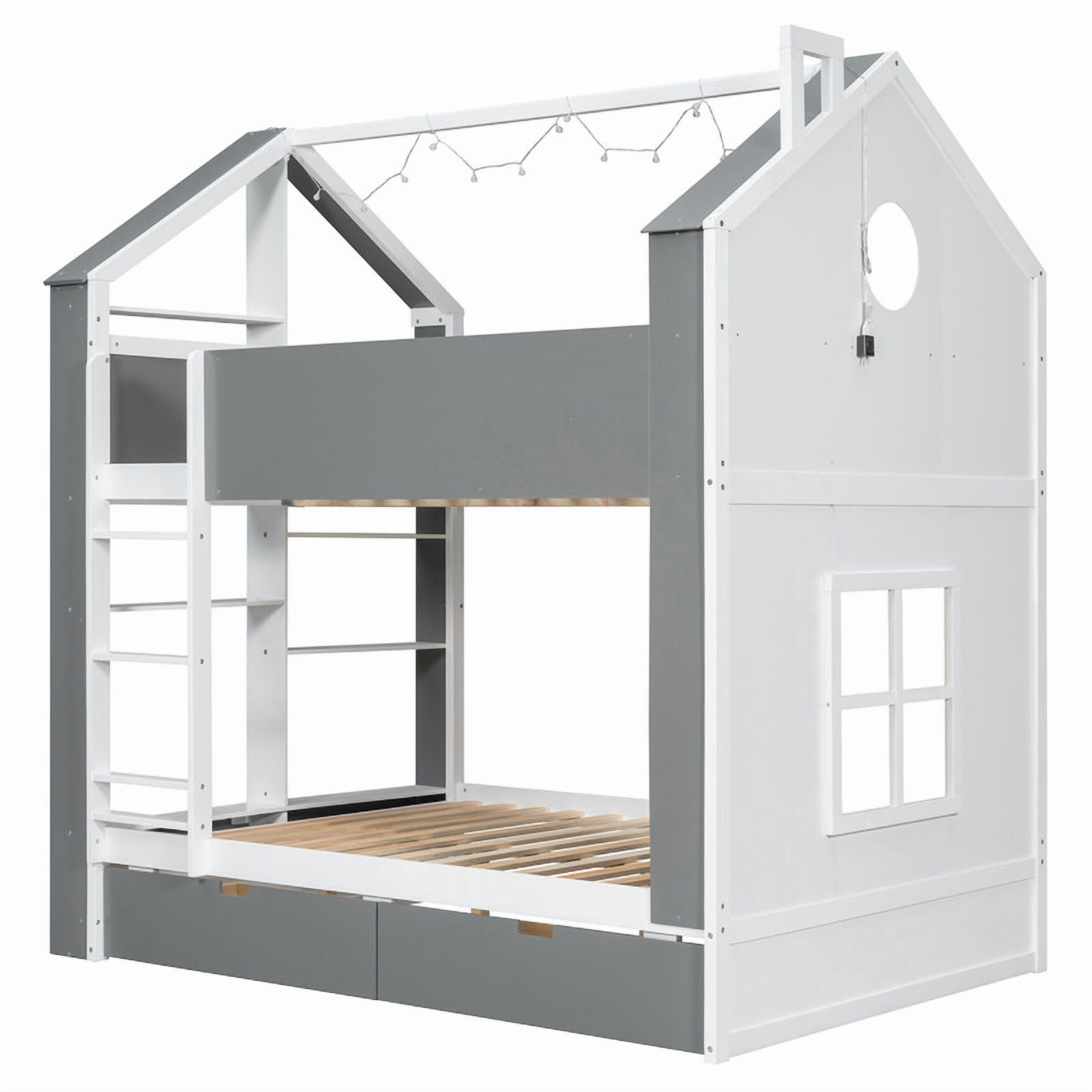 Full-Over-Full Two-Tone Accent Bunk Bed Frame with Cabinet, Drawers & Shelves, Modern Storage Kids Bed with LED Light Strip