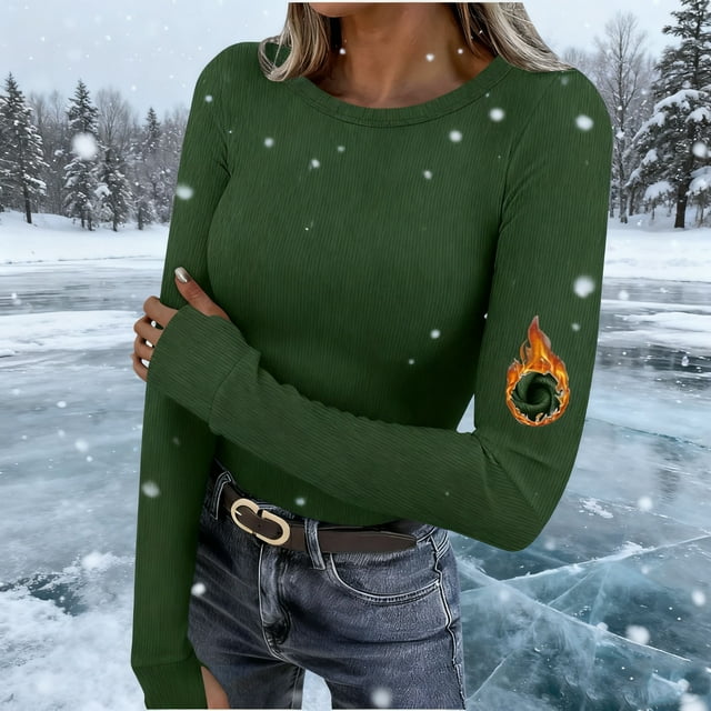 Pisexur T-Shirt à Manches Longues pour Femmes, Col Ras du Cou Extensible, Confortable et Doux, Design Chaud à Poignets, Côtelé, Ajusté, Décontracté, Basique, Vert 2TG