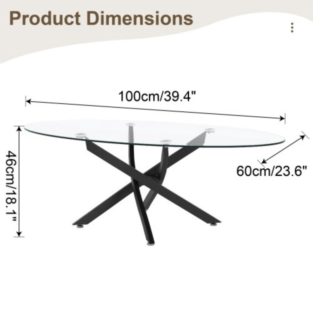 Oval Coffee Table, 39.37" Tempered Glass Top with Black Cross Legs, Modern Side Table, Tea Table for Living Room, Apartment, Cafe