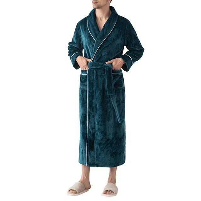 Mens Long Robe Shawl Collar Wrap Style - Full Length Plush Fleece Kimono Bathrobe