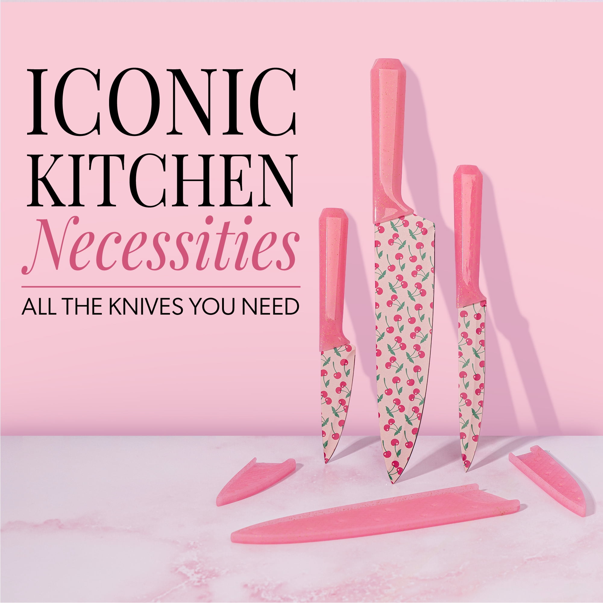 Paris Hilton 3-Piece Cutlery Set, Stainless Steel Blades with Cherry Decal, Pink Jewel-Faceted Handles