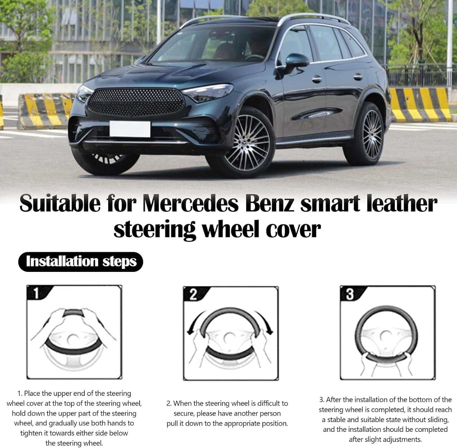Car Steering Wheel Cover for Benz Smart 450 451 453 Fortwo Forfour, Black Non-Slip Microfiber Leather Steering Wheel Protector for Benz Smart Car Accessories