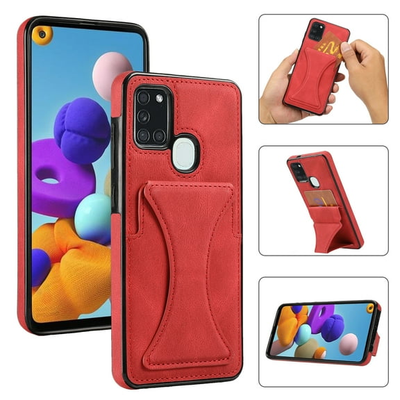 TOP SHE Case for Samsung Galaxy A21S A217M, Galaxy A21S Phone Case (6.5 Inch) - Synthetic Leather Protective Case with Card Slot / Kickstand, Slim Fit Lightweight Simple Fashion Cover (Red)