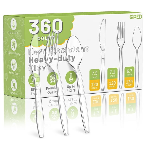GPED 360 Count Plastic Silverware Set, Heavy Duty Disposable Cutlery Set, 120 Forks, 120 Spoons, 120 Knives, Heat Resistant & BPA Free Disposable Silverware, Clear Utensils for Party Supply