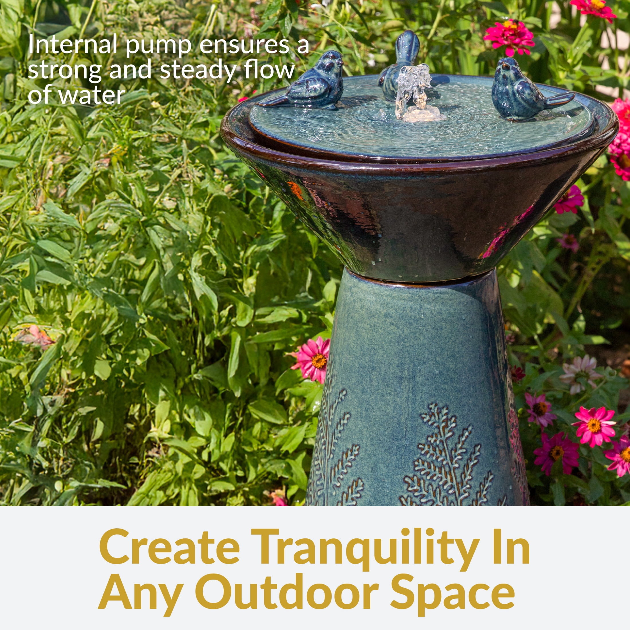 Sunnydaze Gathering Birds Ceramic Outdoor Water Fountain with Light