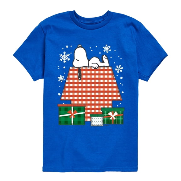 Peanuts - Snoopy Doghouse Christmas Patchwork Boys' Short Sleeve Graphic T-Shirt