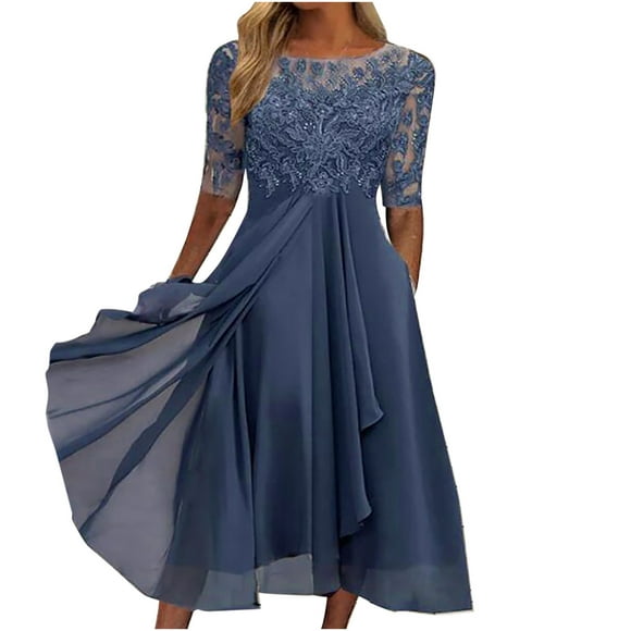 Wedding Guest Dresses for Women Fall Half Sleeve Mesh Lace Evening Formal Dress A Line Swing Cocktail Midi Dresses