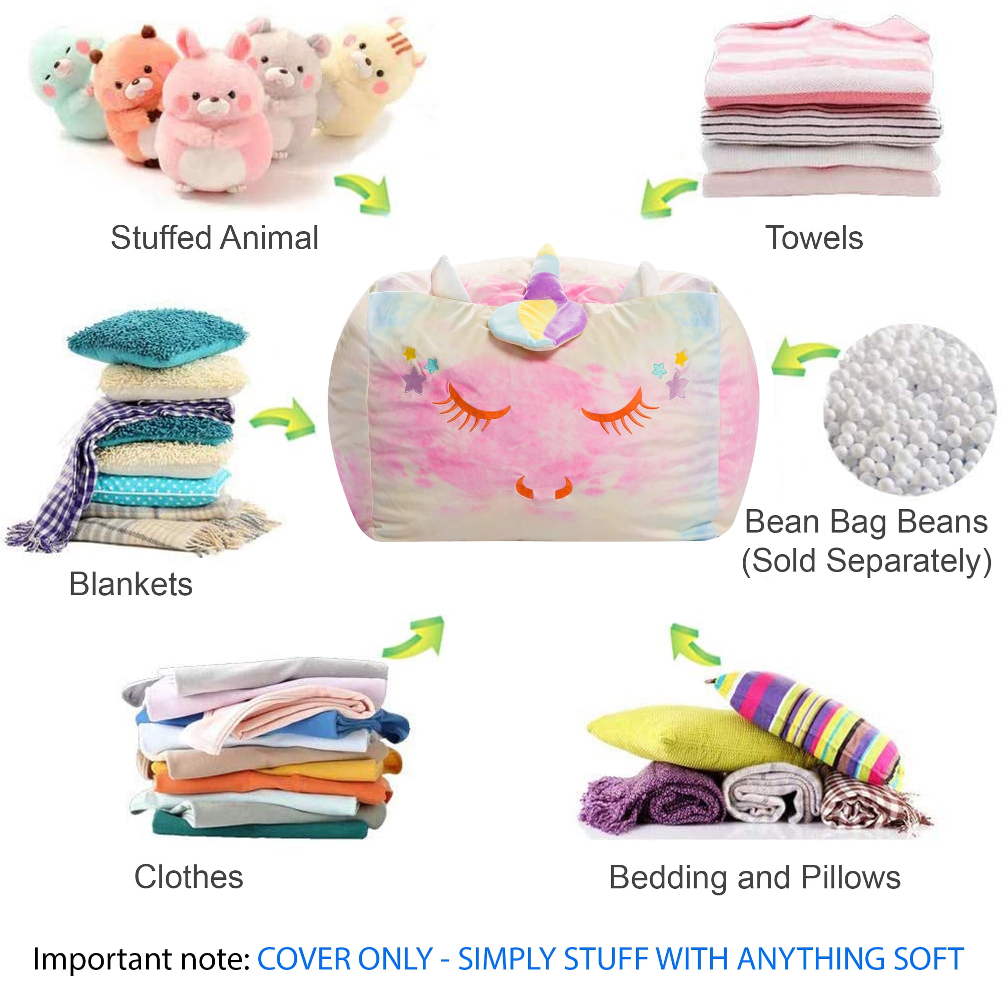 Posh Creations Bean Bag Chair Stuffable Cover, Soft Cover, Kids, 1.5 ft, Tie Dye Unicorn