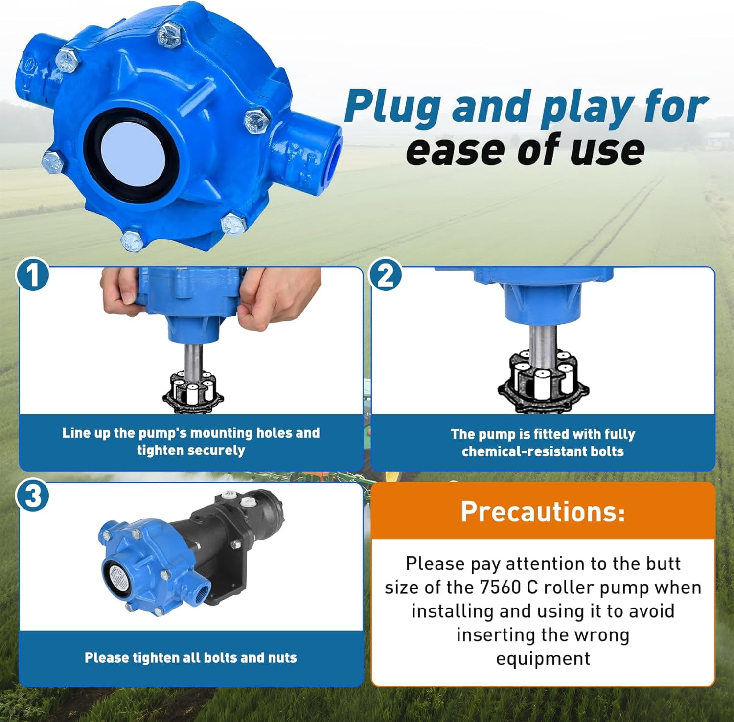 7560C Cast Iron 8 Roller Pump Compatible with Hypro 7560C, 22.5GPM, 300PSI Max Pressure, 3/4" NPT, 15/16" Solid Shaft for Agricultural Industry