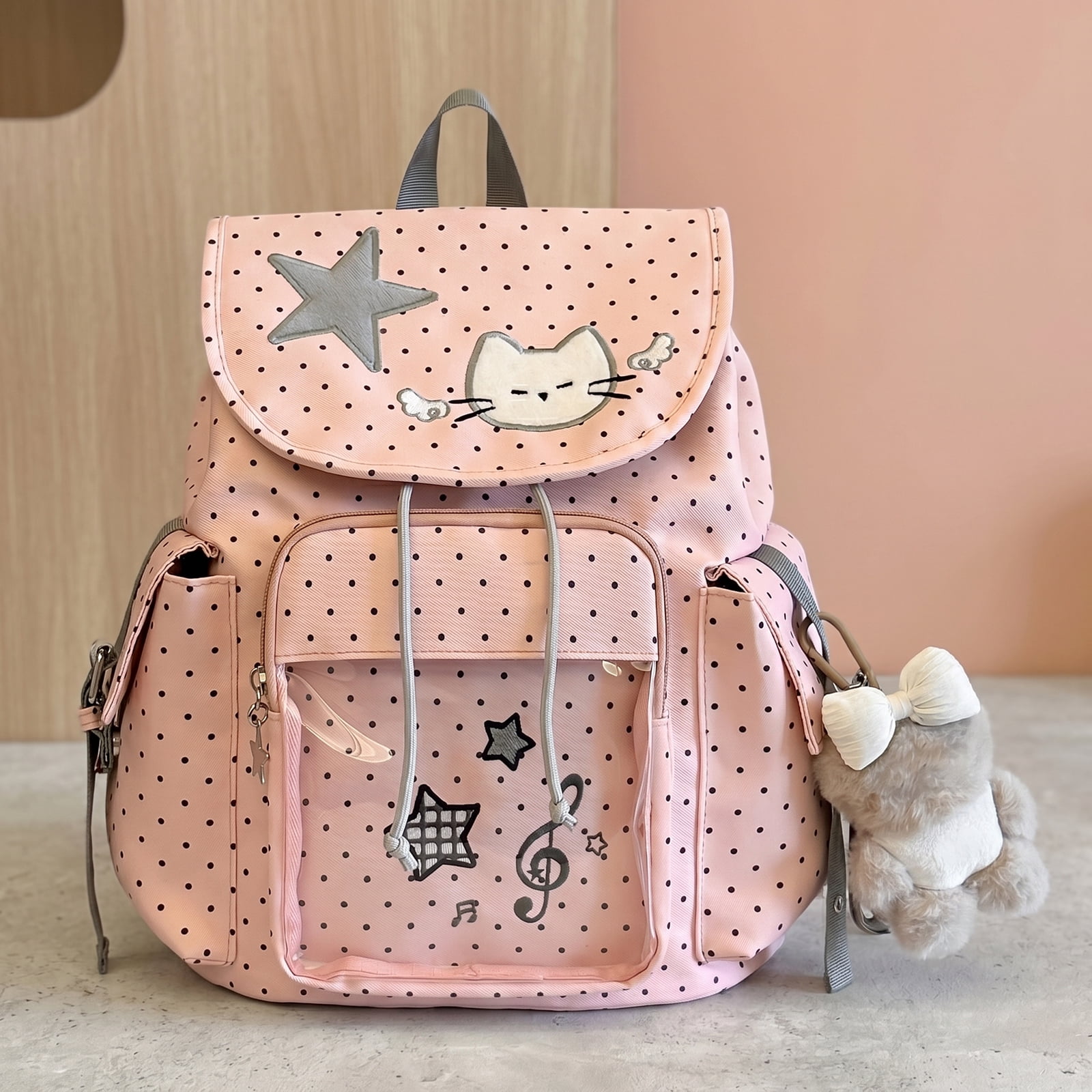 HUISZJ Large Capacity School Backpack, Polka Dot Printed School Bag, Drawstring Laptop Backpack for Students College Travel, Pink