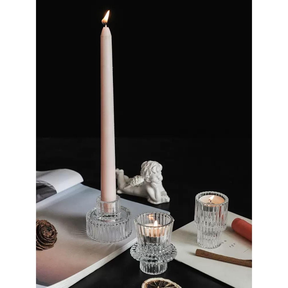 HofferRuffer Set of 3 Taper Glass Candlestick Holders Tealight Candle Holders for Table Centerpieces, Festival, Wedding Decor and Dinner Party (Clear)