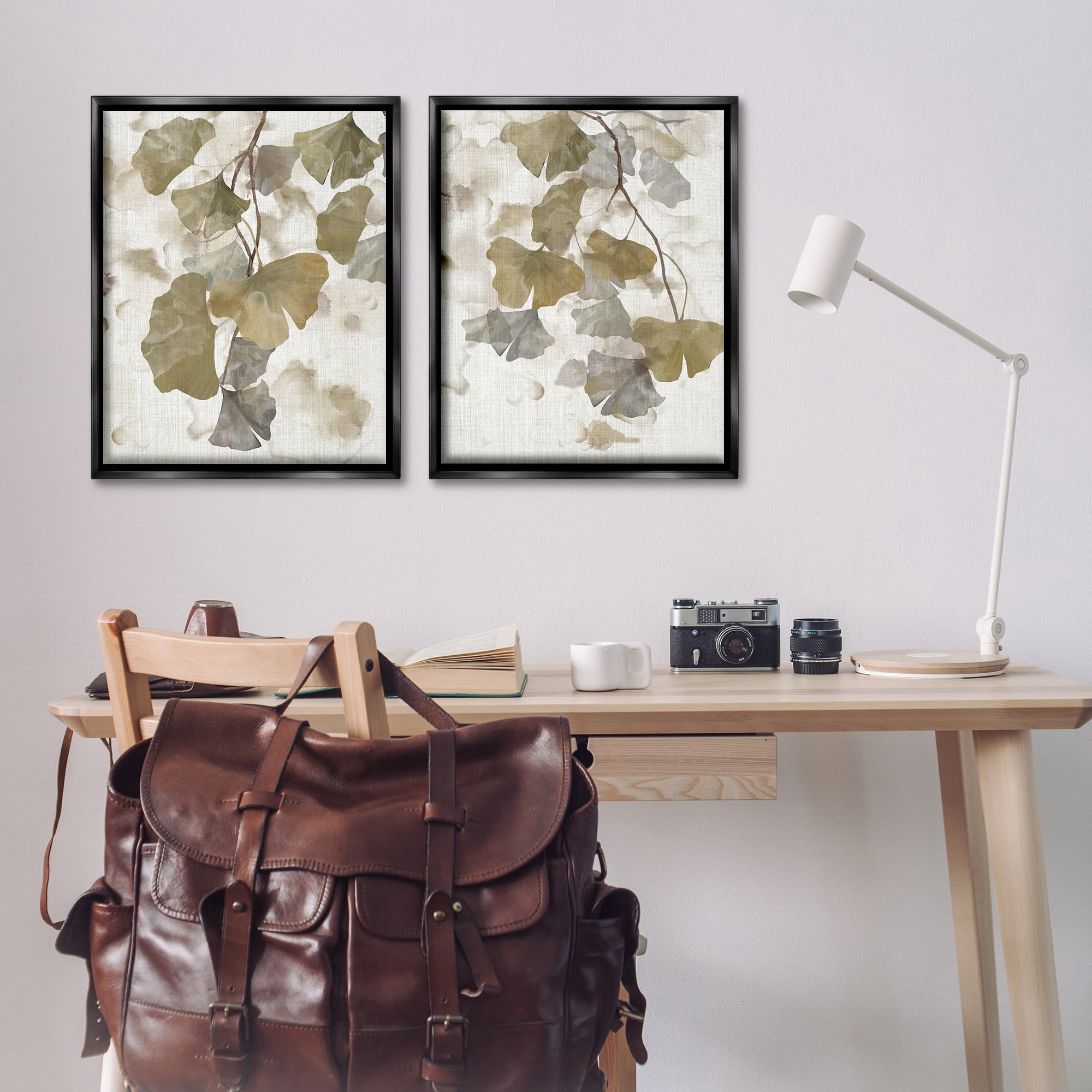 Stupell Industries Rustic Gingko Leaves Botanical & Floral Painting Black Floater Framed Canvas Art Print Wall Art, 25 x 31, Set of 2