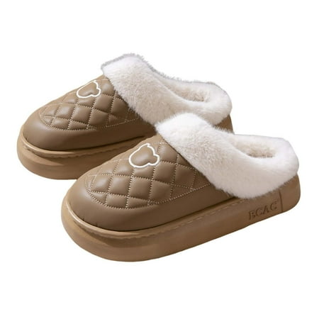 Xfvqtps Mens and Womens Fuzzy Slippers Slip on Leather Uppers Plush Edge Cute Bear Thickened Thick Bottom Non Slip Outdoor and Indoor Warm Winter Cozy Plush Slippers Coffee