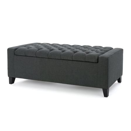 Benjara Storage Ottoman Bench- Dark Gray Fabric- Tufted Top- 51 Inch