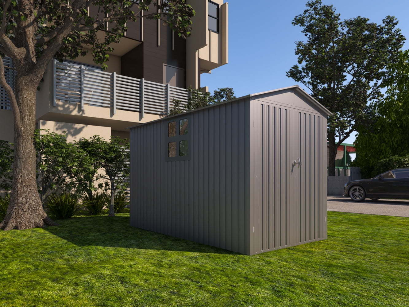 10x5 Ft Metal Motorcycle Outdoor Storage Shed/Shelter/Garage with Window & Lockable Door for Bikes Garden Tools Motorcycles, Grey