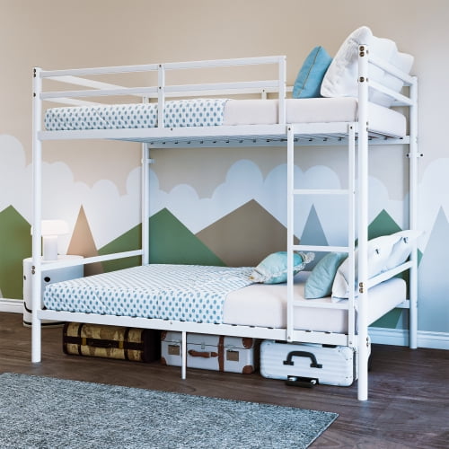 Twin Over Twin Metal Bunk Bed with Ladder and High Guardrails, Heavy Duty Space Saving Bunk Bed Frame, No Box Spring Needed, White