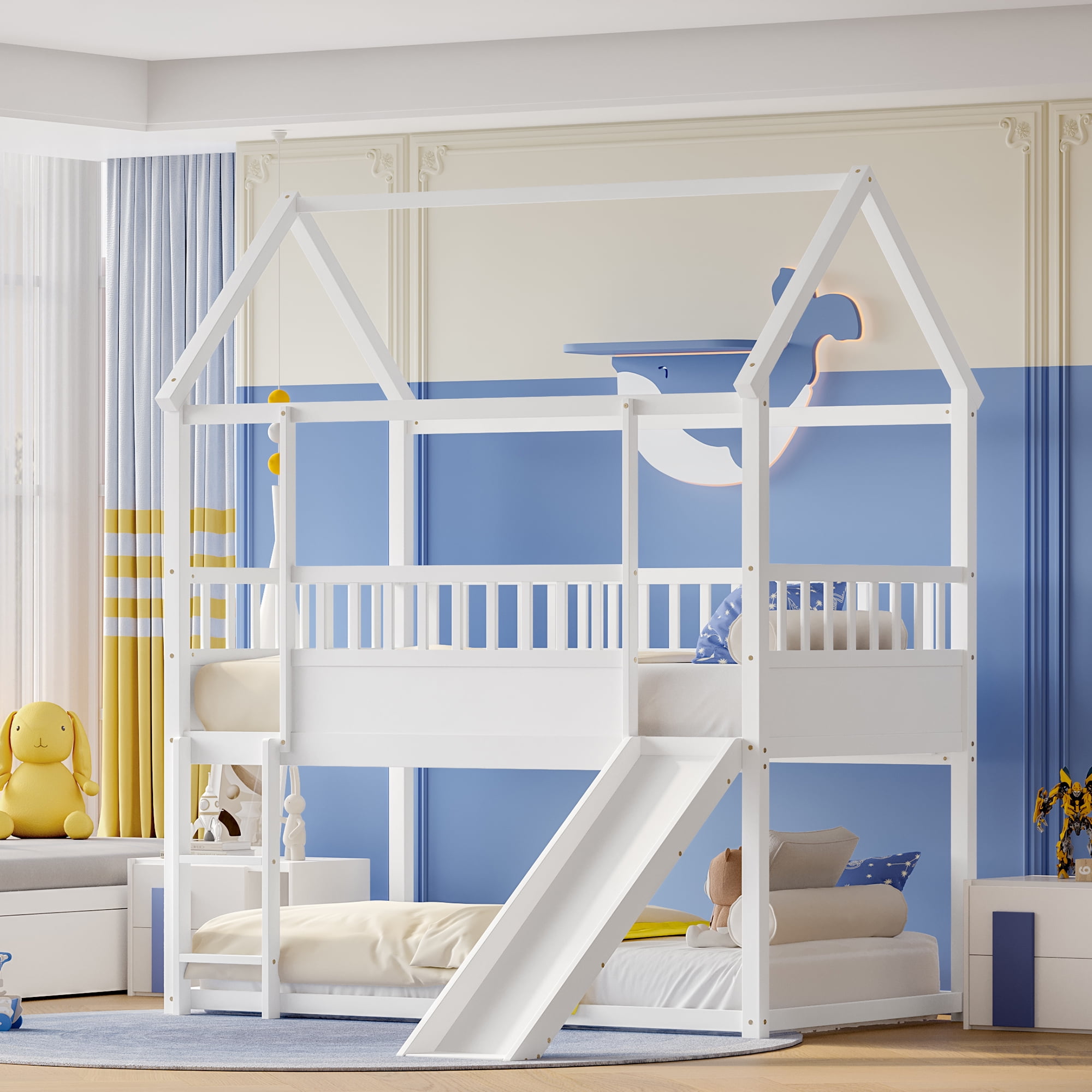 Bunk Bed with Slide, House Bunk Bed, Twin Over Twin Bunk Bed with Ladder and Safety Guardrail, Solid Wood Frame, White