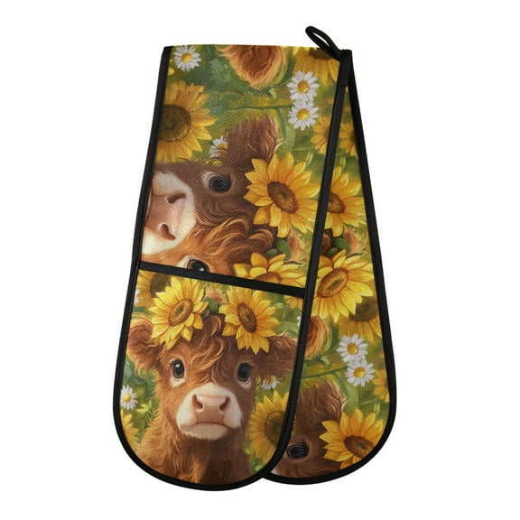 35" x7" Double Oven Mitt Heat Resistant Oven Gloves Withstands Up to 200°C for Kitchen Baking & BBQ Cute Highland Cow