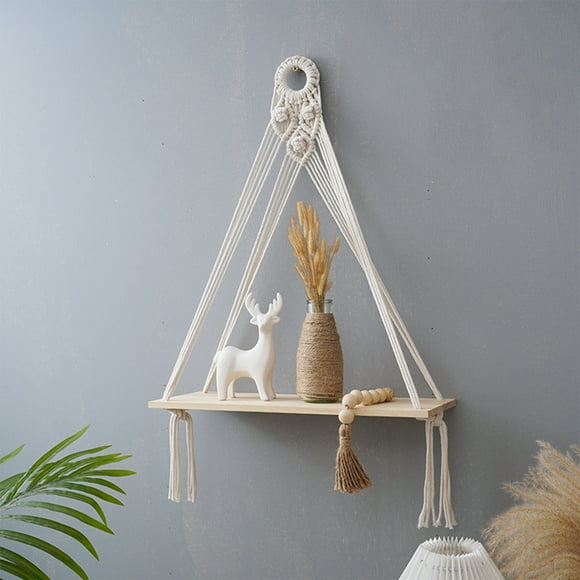 Étagère Murale Tissée pour Plantes, Support de Rangement Suspendu en Corde de Coton et Bois, Présentoir Géométrique pour Fleurs d'Intérieur, Déco Bohème pour la Maison, Organisateur Décoratif pour Hôtel/gîte
