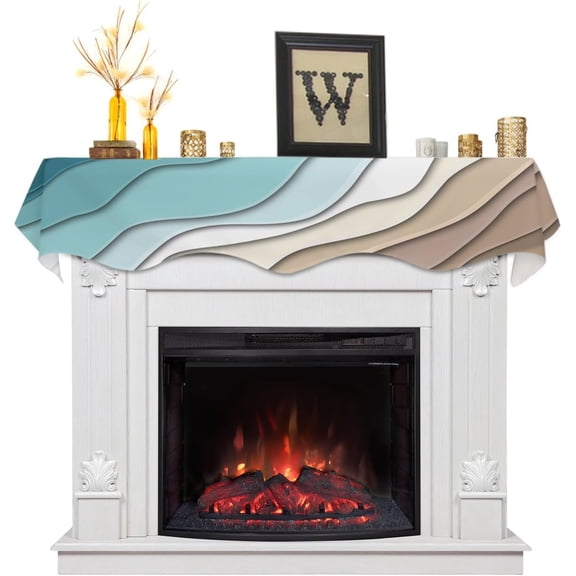 Teal Blue Mantle Scarf for Fireplace, Aesthetic Ombre Turquoise Brown Cream Fireplace Cover Decorations Indoor Abstract Beach Mantel Top Scarf Runner for Home Living Room Holiday Party, 17 x 78 Inch