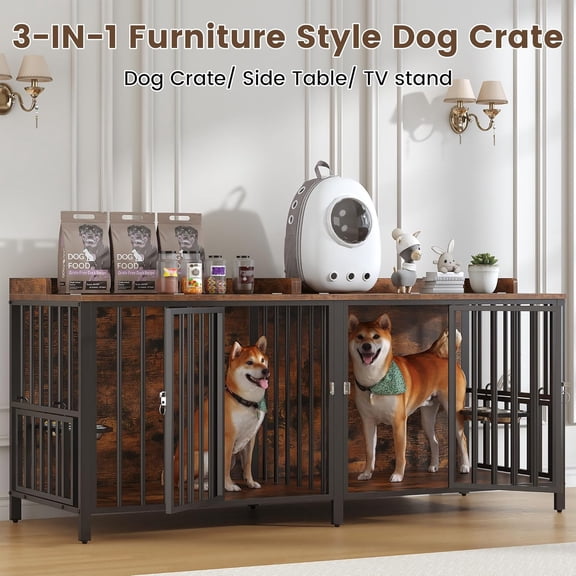 Frmobepts 78 Inch Double Dog Crate Furniture, Heavy Duty Extra Large Cage Furniture with Divider for 2 Dogs, Decorative Wooden Kennel Furniture Indoor, Metal Pet House for Large and Medium Dogs