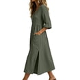 thumbnail image 6 of CHGBMOK Cotton Linen Dresses for Women Fall 3/4 Sleeve V Neck Fitted Waist Dress Side Slit Midi Dress with Pockets, 6 of 6