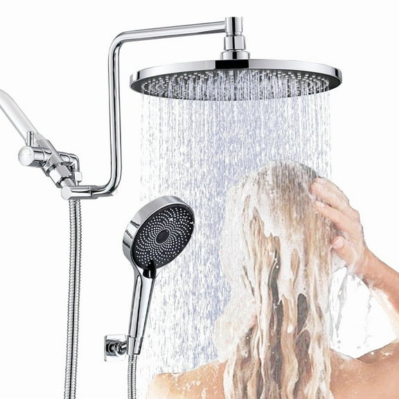 10"  Rainfall Shower Head with Handheld Combo, Upgrade 12" Extension Arm Height Adjustable, 3-Way Powerful Shower Head with Hand Shower, Brass Shower Holder Long Shower Hose, Chrome