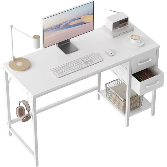 40 Inch Computer Desk with 2 Drawers – Small Home Office Writing Table with Storage for Study, Pure White