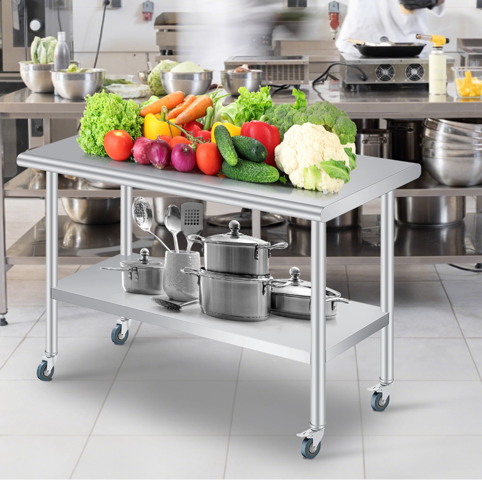 Commercial Stainless Steel Outdoor Prep Table with Backsplash – Rounded Corners, Adjustable Undershelf, 4 Caster Wheels – Heavy Duty Kitchen Storage Work Table for Restaurants, BBQ – 24 x 60 Inch
