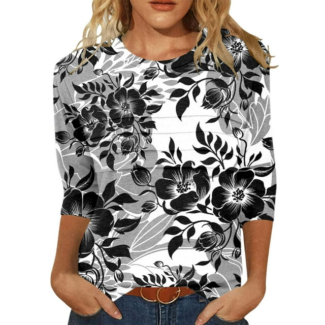Daznico Hauts pour Femmes, Hauts d'Été pour Femmes, T-Shirts pour Femmes pour Usage Quotidien Confort Décontracté Col Rond Design avec Manches Trois-Quarts, T-Shirts pour Femmes, Chemises pour Femmes