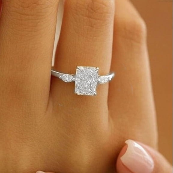 solitaire jewels 2.5CT Radiant Moissanite 3 Stone Engagement Ring For Women, 18K White Gold Over Silver, D Color VVS Clarity