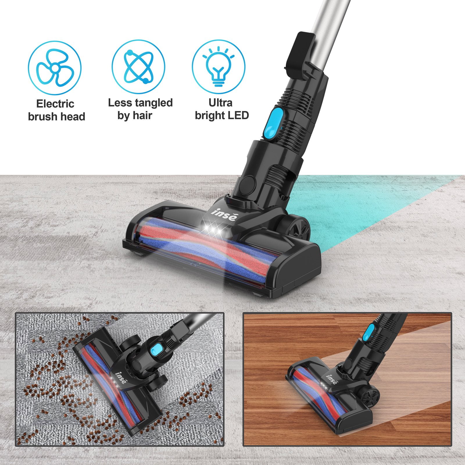 INSE N500 Cordless Vacuum Cleaner, 6 in 1 Rechargeable Powerful Lightweight Stick Vacuum with 2200 mAh Battery for Home Hard Floor Carpet Pet Hair - Light Blue - 1