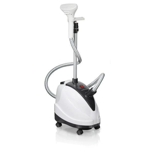 Hamilton Beach full-size garment steamer model 11552CR featuring a white and black base on wheels, flexible patterned hose, adjustable pole, and ergonomic handheld steaming head.