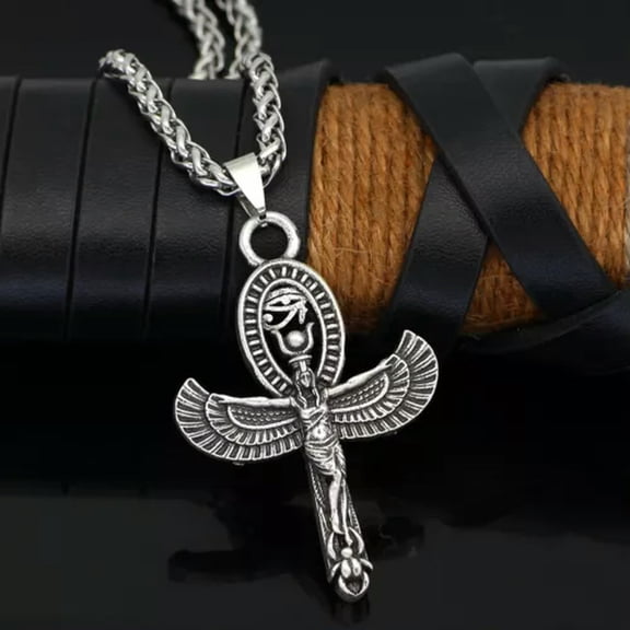 HOOUN Isis Goddess Ankh Cross Eye of Horus Pendant Necklace Egyptian Jewelry Chain 24"-Silver