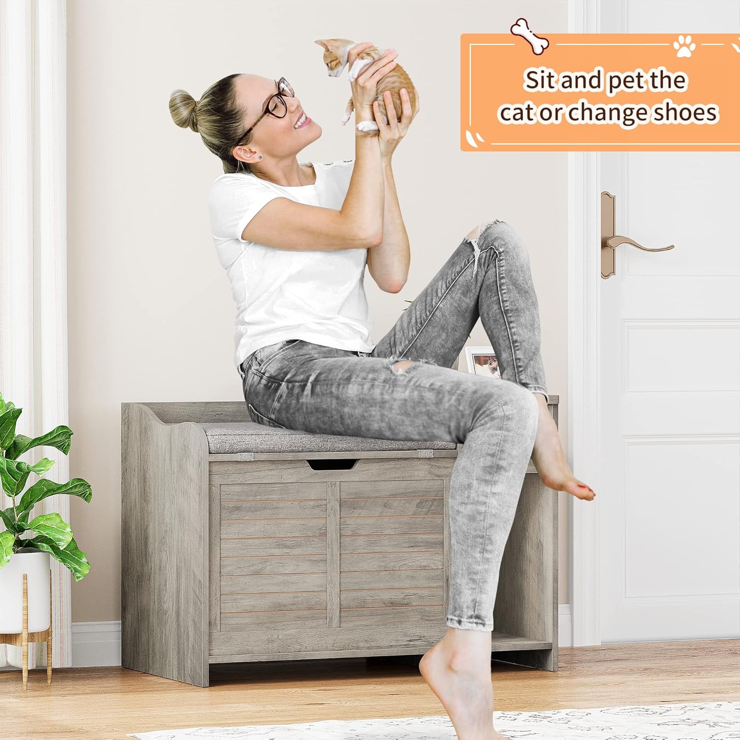 Hidden Cat Litter Box Furniture, Flip-Top Entryway Bench with Storage & Ventilation
