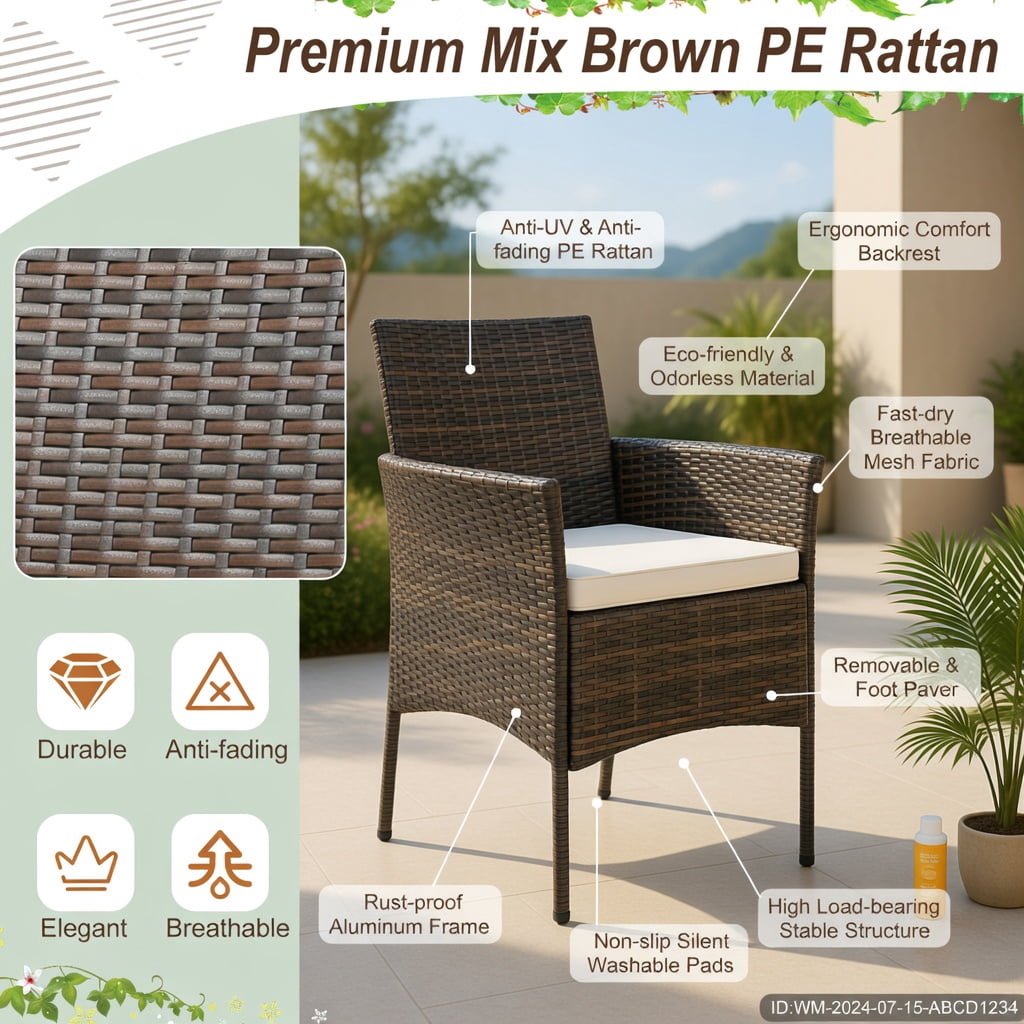 Hommoo 4-Piece Outdoor Dining Chair Set with Off-White Cushions, PE Rattan & Acacia Wood Frames, Rust-Resistant Metal Base, Patio, Poolside & Balcony Ready, Brown