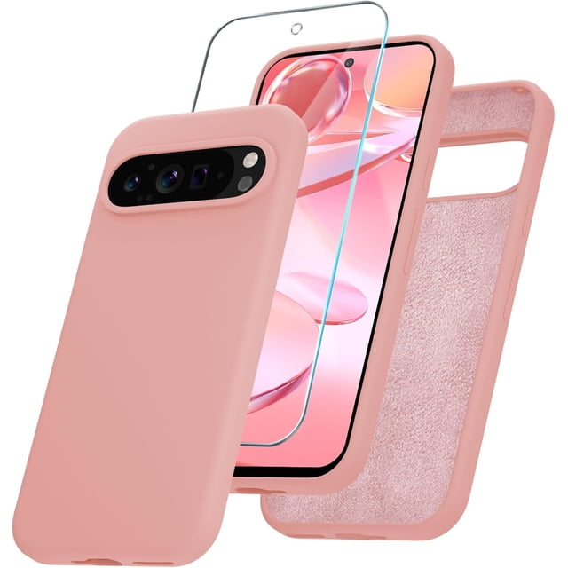 KOMI for Google Pixel 9 Pro XL Case, Silicone Phone Case with 1 Screen Protector, Soft Anti-Scratch Microfiber Lining, Full Body Shockproof Slim Cover Support Wireless Charging, Pink