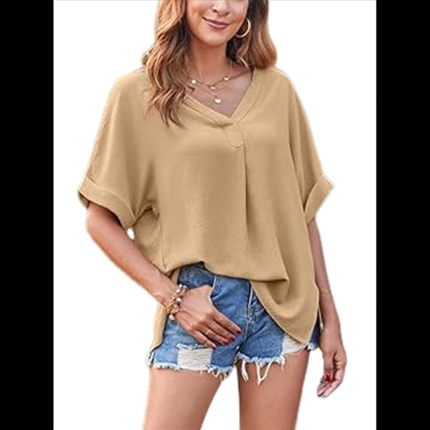 Camisas de Corta con Cuello en V para Mujer, Blusas Informales de Negocios, Blusas de Trabajo Holgadas Caqui XL