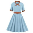 thumbnail image 1 of Soldes d'Été Iumwxz Robes à Col à Revers Manches Courtes pour Femmes Tunique Rétro à Fermeture Éclair Robe à Grand Ourlet avec Ceinture Robe Graphique à Blocs de Couleur Robe d'Invitée de Mariage Robes Amples et Fluides, 1 of 4