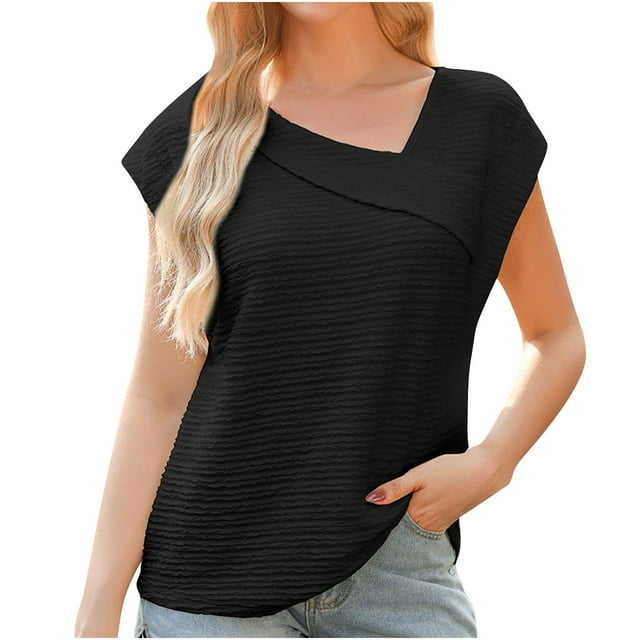 Timegard Womens Tops Irregularly V Neck Cap Sleeve Solid Color Comfy Blouse Dressy Casual Tank Tops