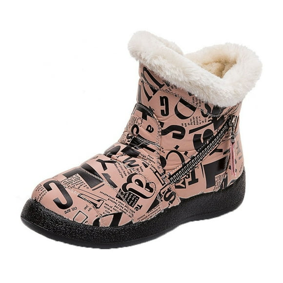 CEHVOM Women Winter Printing Keep Warm Ankle Boots Plus Velvet Boot Flat Snow Boots