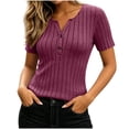 thumbnail image 3 of Asxite Women Summer Tops V Neck Short Sleeve Ribbed Button Solid Fashion Shirts, 3 of 7