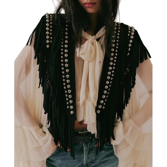 Ponchos for Women Studded Faux Suede Shawls Wrap Tassel Open Front Cape Top