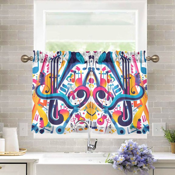 Yayeee Kitchen Curtains Tier Pair Light Filtering 27"x24" Rod Pocket Short Cafe Window Panel, Musical Pattern